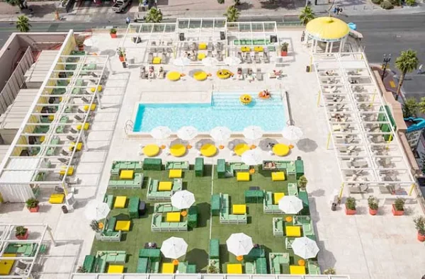 A birds-eye view of the Downtown Grand Hotel Casino Las Vegas rooftop-pool