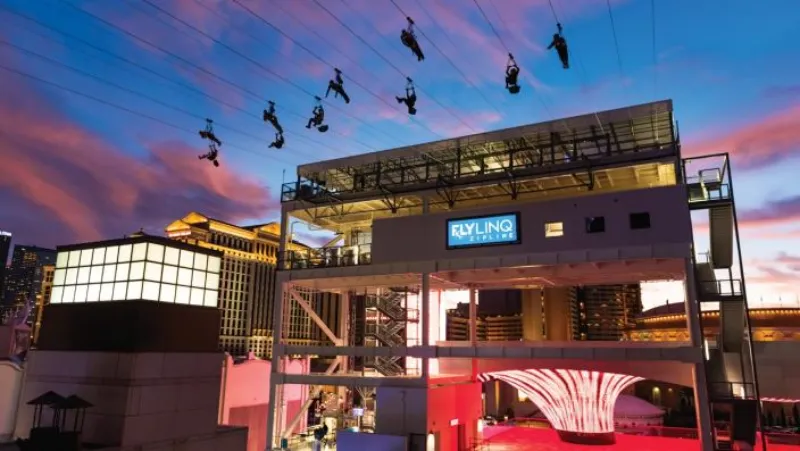 This is an image of the Fly LINQ zipline in the evening in Las Vegas