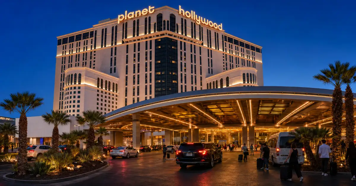 Guests arrive beneath the illuminated porte-cochère of Planet Hollywood Resort & Casino in Las Vegas at blue hour.