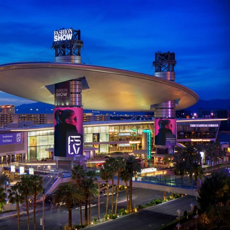 This is an evening view of the Fashion Show Mall in Las Vegas
