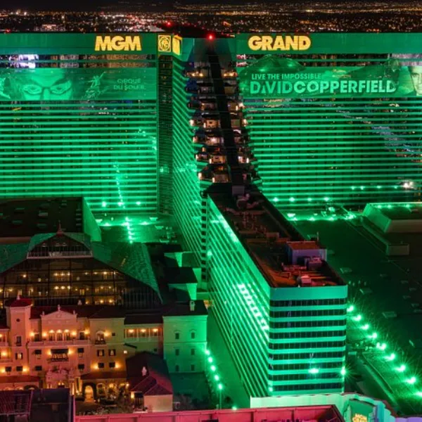This is a picture of The MGM Grand Hotel in the evening
