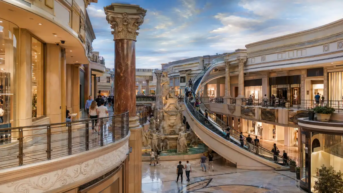 Shoppers move through the multilevel Roman-inspired interior of The Forum Shops at Caesars Palace in Las Vegas.