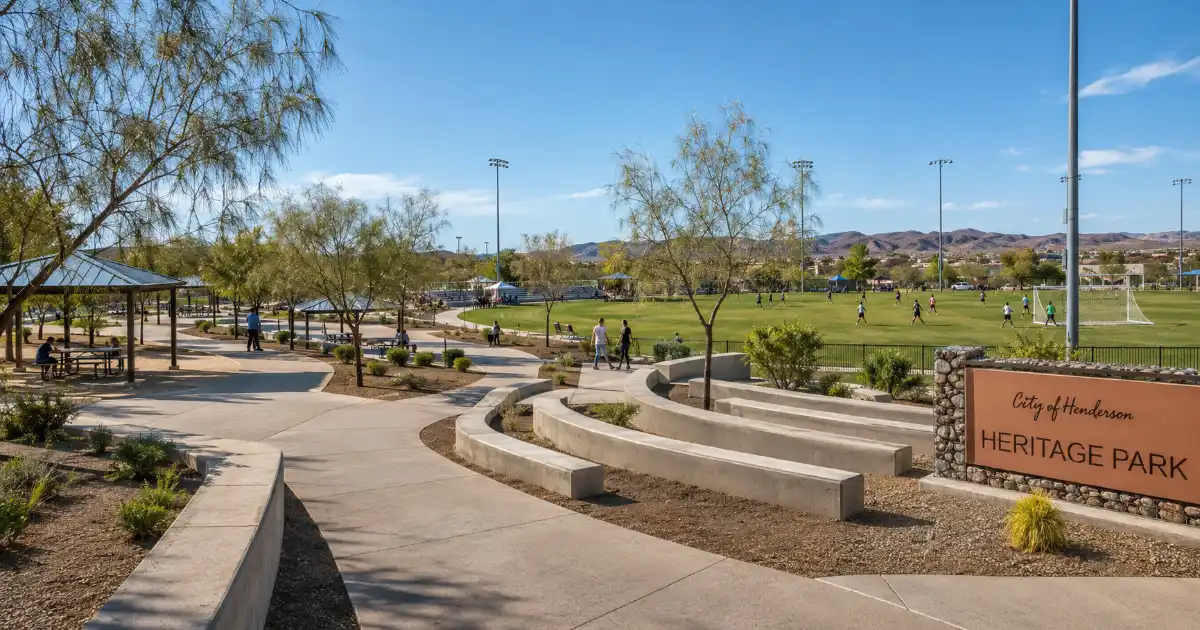 Sports fields, walking paths, lawns, and recreation areas at Heritage Park in Henderson, Nevada.