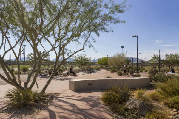 Q's Court provides a landscaped place for quiet reflection at Heritage Park in Henderson.