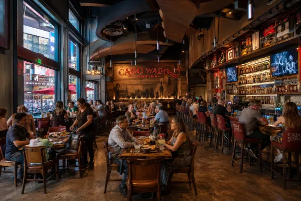 Diners gather in the main dining room and bar at Cabo Wabo Cantina in Las Vegas.