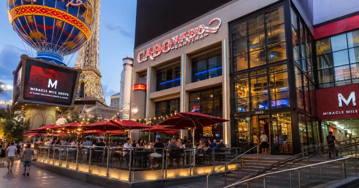 Diners enjoy the Strip-side patio at Cabo Wabo Cantina at Miracle Mile Shops in Las Vegas.