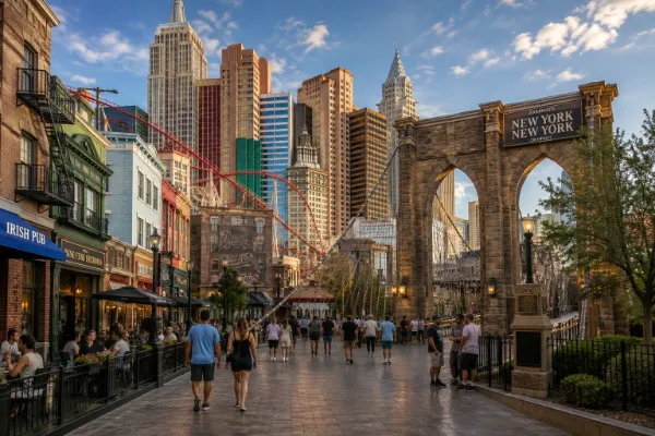Visitors walk along the Brooklyn Bridge streetscape beneath the New York-inspired skyline at New York-New York Hotel & Casino.
