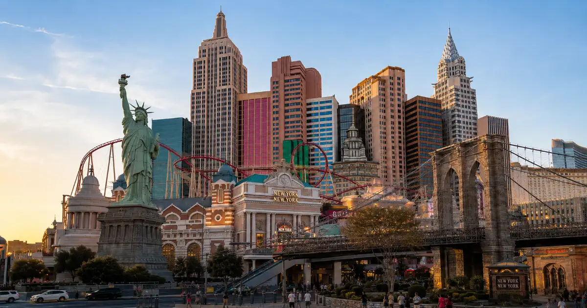 The New York-inspired skyline, Statue of Liberty replica, and Big Apple Coaster mark New York-New York Hotel & Casino on the Las Vegas Strip.