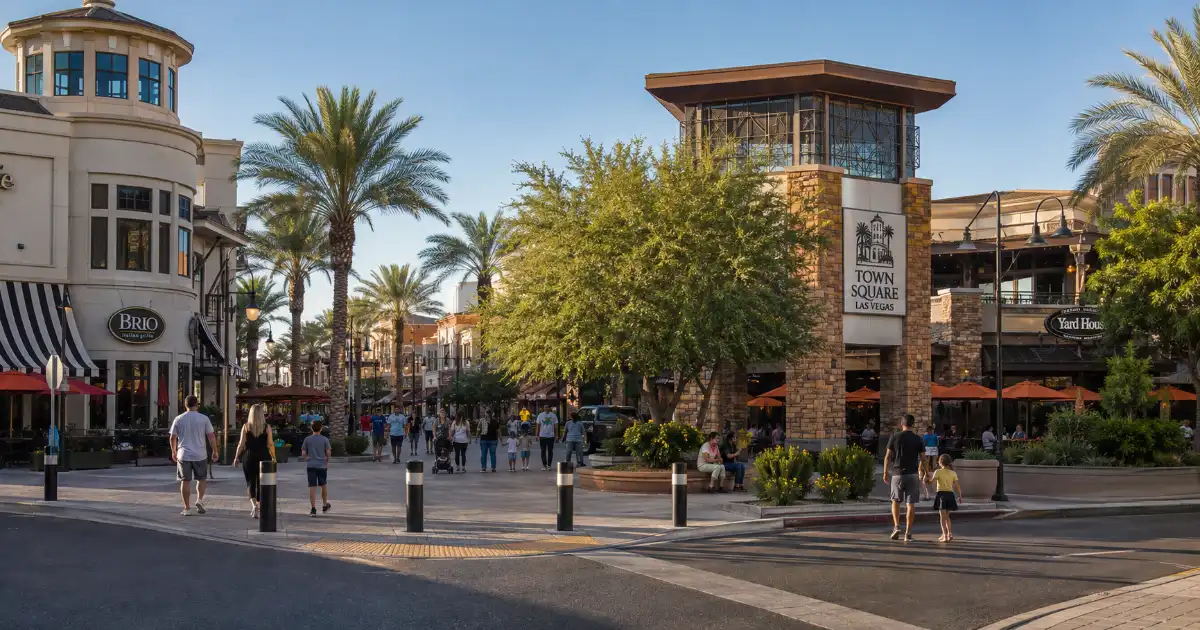 Visitors walk among shops, restaurants, landscaping, and public gathering spaces at Town Square Las Vegas.