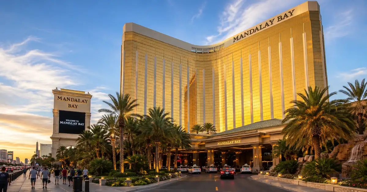 The gold hotel towers and tropical landscaping of Mandalay Bay Resort & Casino rise above the south Las Vegas Strip.