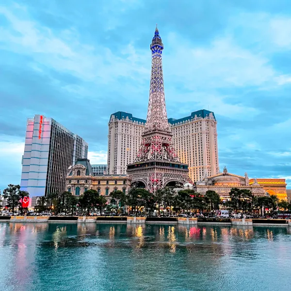 A view of the Paris Hotel Las Vegas from the lake at Bellagio