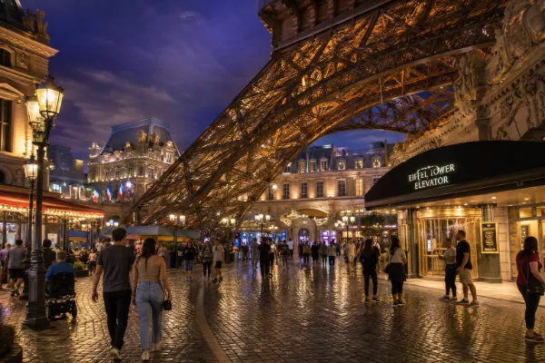 Visitors walk beneath the Eiffel Tower structure and French-inspired architecture inside Paris Las Vegas.