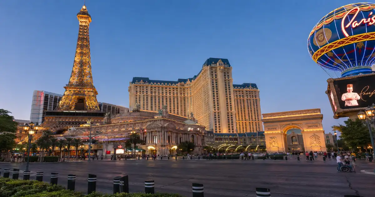 The Eiffel Tower replica rises above Paris Las Vegas Hotel & Casino on the center Las Vegas Strip.