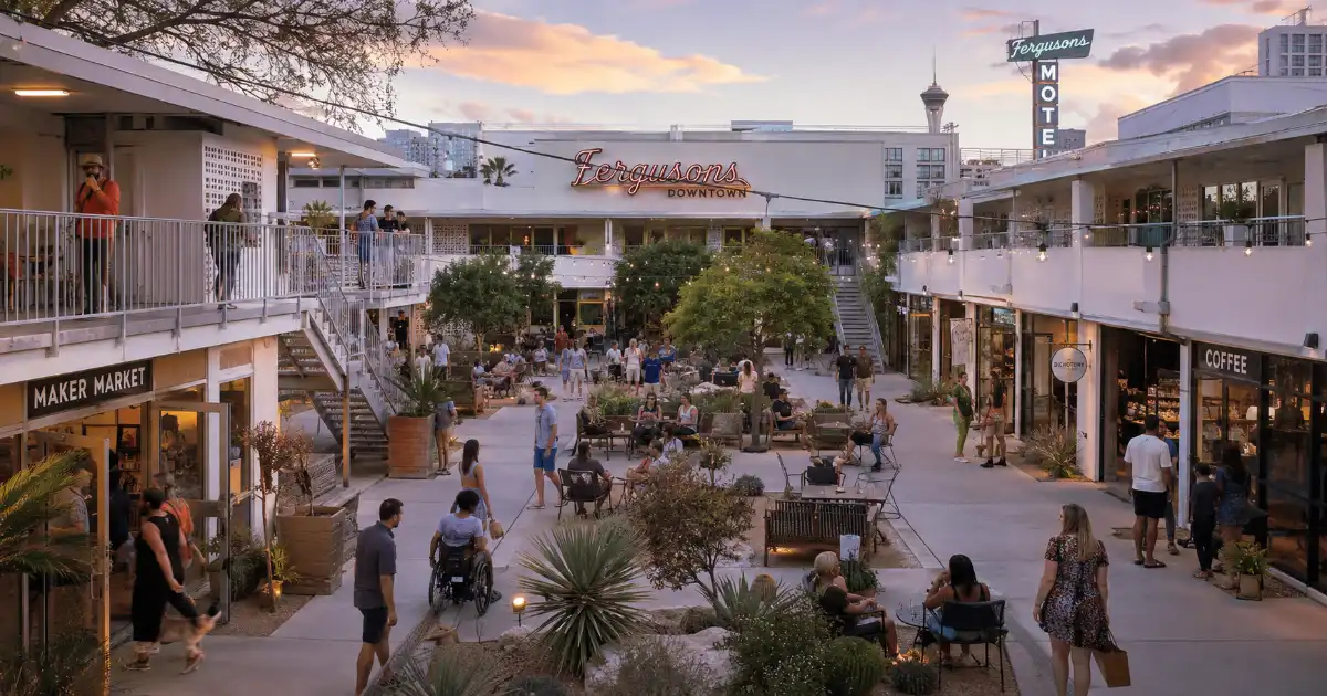 Visitors explore the restored motel courtyard, local shops, and gathering spaces at Fergusons Downtown in Las Vegas.