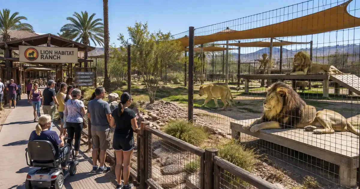 Visitors safely view lions in their outdoor habitats at Lion Habitat Ranch in Henderson, Nevada.