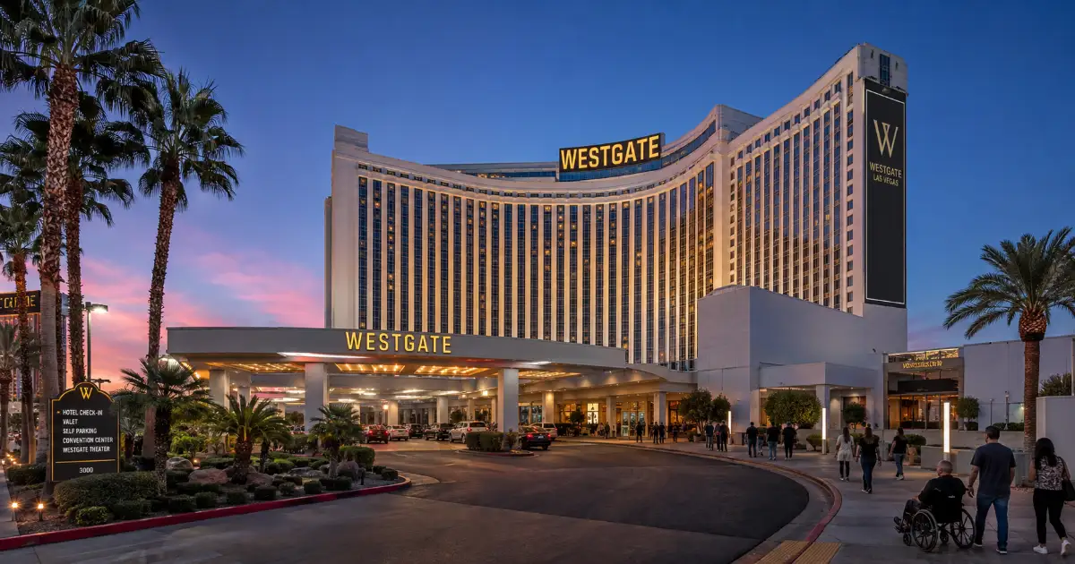 Westgate Las Vegas Resort & Casino rises along Paradise Road near the Las Vegas Convention Center.