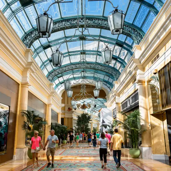 This is a daytime photo of the Bellagio Hotel shopping promenade in Las Vegas Nevada