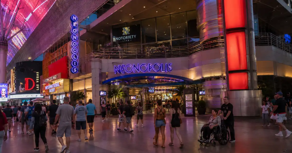 Visitors approach Neonopolis in Downtown Las Vegas, home to the Notoriety Live performance venue.