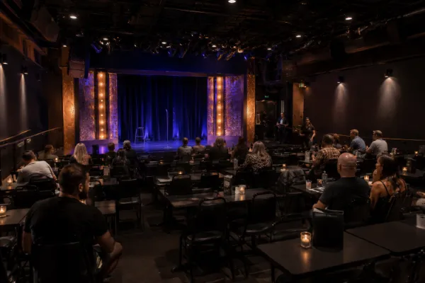 Audience seating faces an intimate performance stage inside Notoriety Live in Downtown Las Vegas.