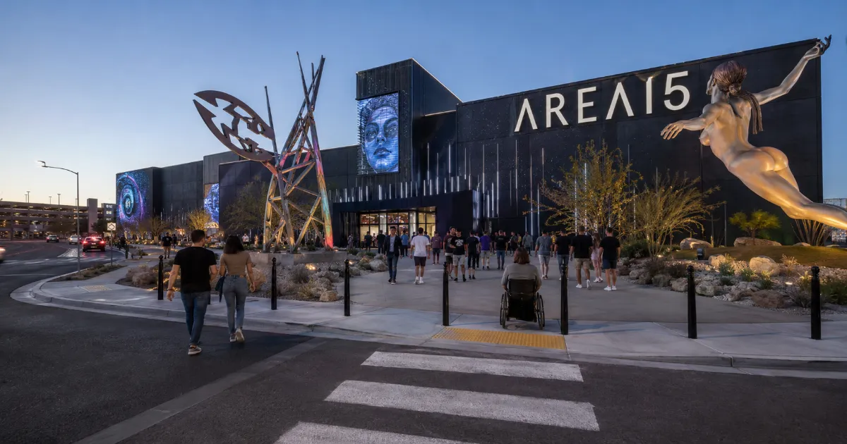 Visitors approach the distinctive AREA15 immersive entertainment district and outdoor art installations in Las Vegas.