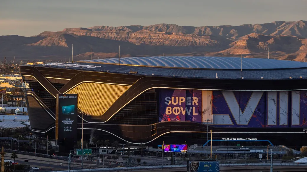 This is a photo of the Allegiant Stadium in Las Vegas with the Super Bowl banner in view