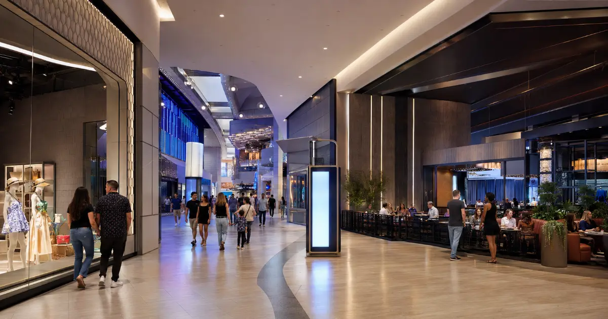 Shoppers walk through a modern retail and dining corridor inside Miracle Mile Shops at Planet Hollywood.