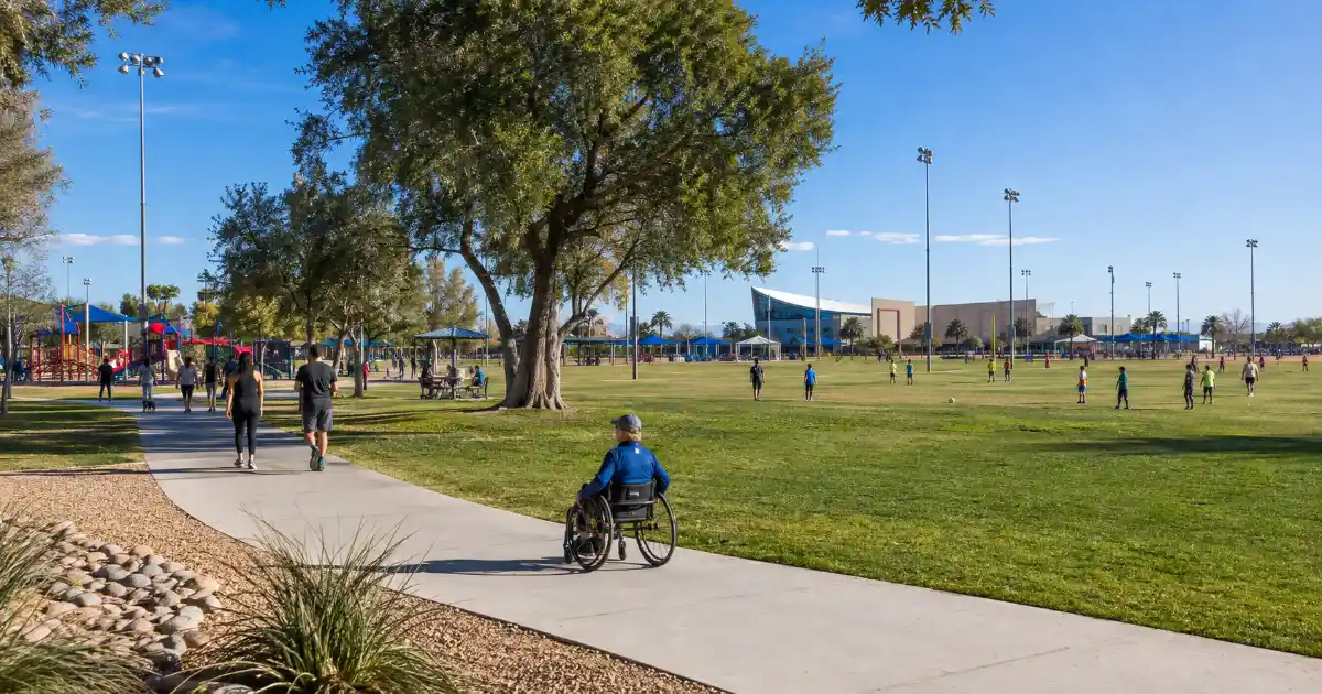 Families and recreation visitors enjoy fields, walking paths, playgrounds, and mature trees at Desert Breeze Park in Spring Valley.