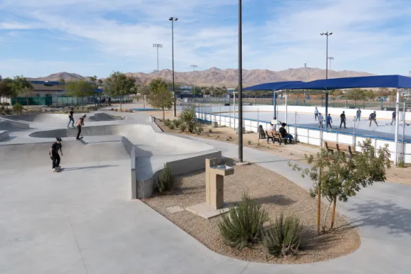 Visitors use the concrete skate park and roller hockey areas at Desert Breeze Park in Spring Valley.