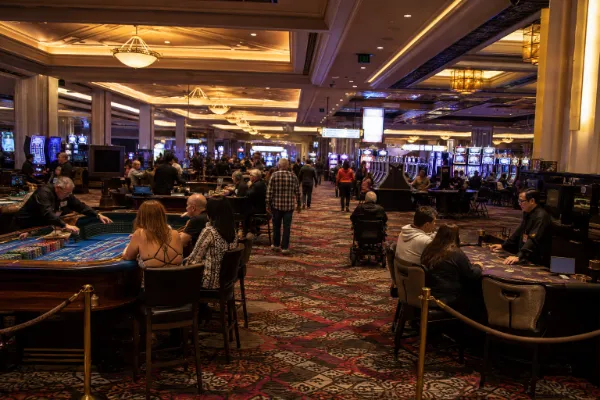 Adult guests enjoy slots, video poker, and table games on the classic casino floor at El Cortez in Downtown Las Vegas.