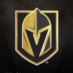 Vegas Golden Knights logo with gold and black knight helmet forming a “V” inside a shield-shaped border