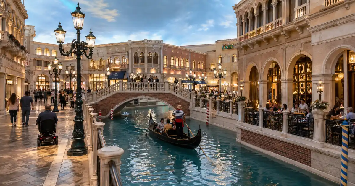 Shoppers walk beside a gondola canal, ornate bridge, and Venetian-inspired storefronts inside Grand Canal Shoppes in Las Vegas.