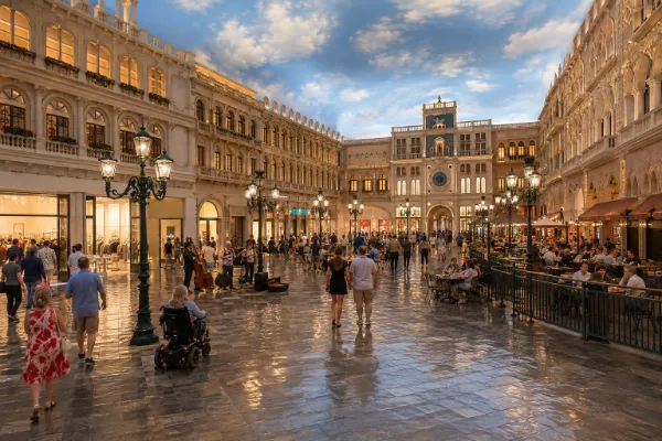 Visitors explore Venetian-inspired architecture, restaurants, boutiques, and open promenades in St. Mark's Square at Grand Canal Shoppes.