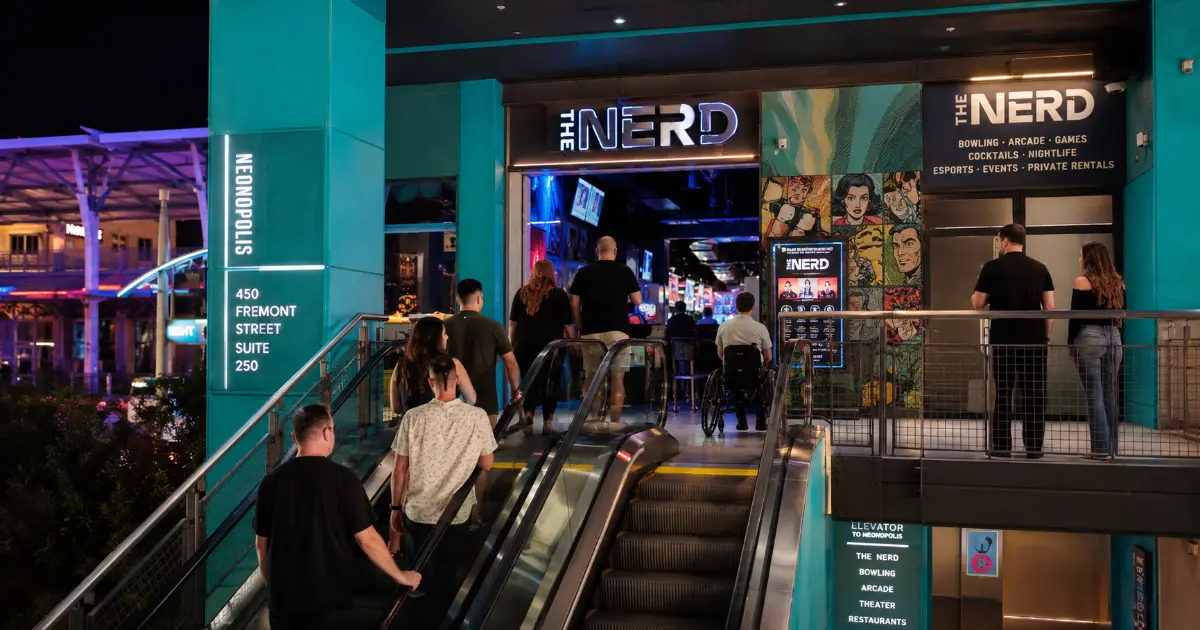 The second-floor entrance to The Nerd beside the escalators inside Neonopolis in Downtown Las Vegas.