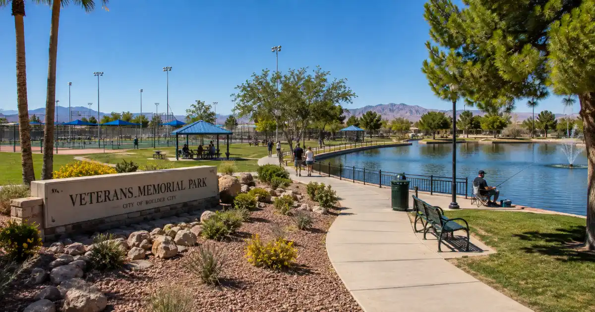 Families walk beside the fishing pond and green lawns at Veterans Memorial Park in Boulder City.