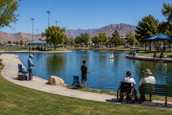 People fishing in a pond at Veterans Memorial Park in Boulder City.
