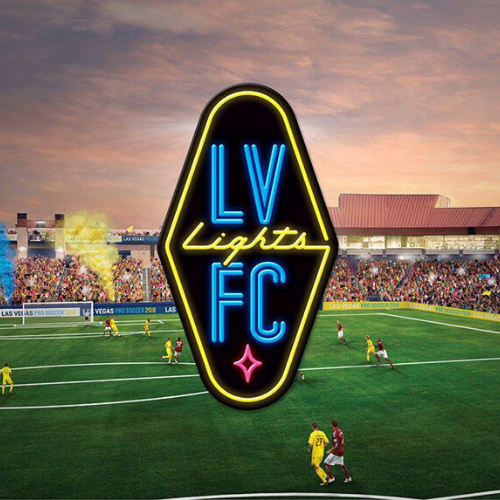 The soccer field and the emblem of the Las Vegas Lights FC