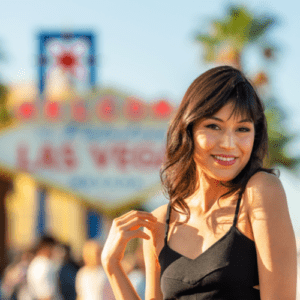 Girl with black top posing in front of the Welcome to fabulous Las Vegas Sign
