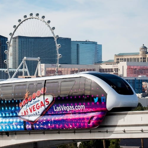 This is the Las Vegas monorail riding along in front of the High Roller wheel