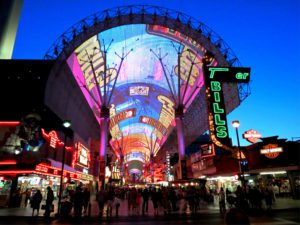 The Fremont Street Experience Viva Vision show displays brightly on the canopy above