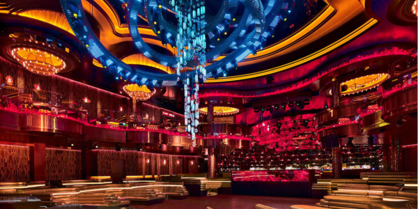 The iconic kinetic chandelier moving over the dance floor at OMNIA Nightclub
