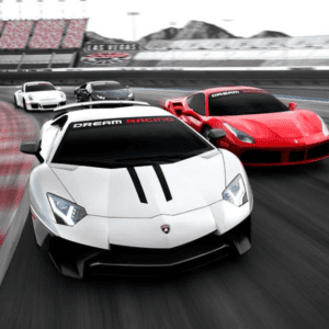 cars attempt to pass the leader at the dream racing las vegas driving experience
