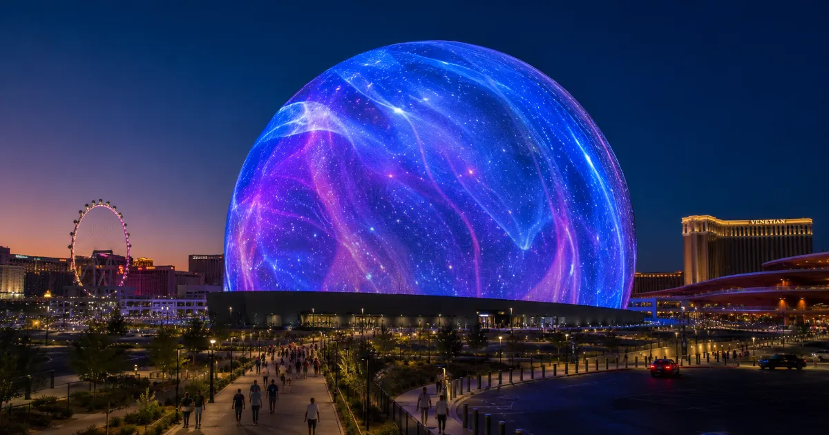 Sphere Las Vegas glows with a neutral abstract Exosphere display beside pedestrian approaches and streets near the Strip.