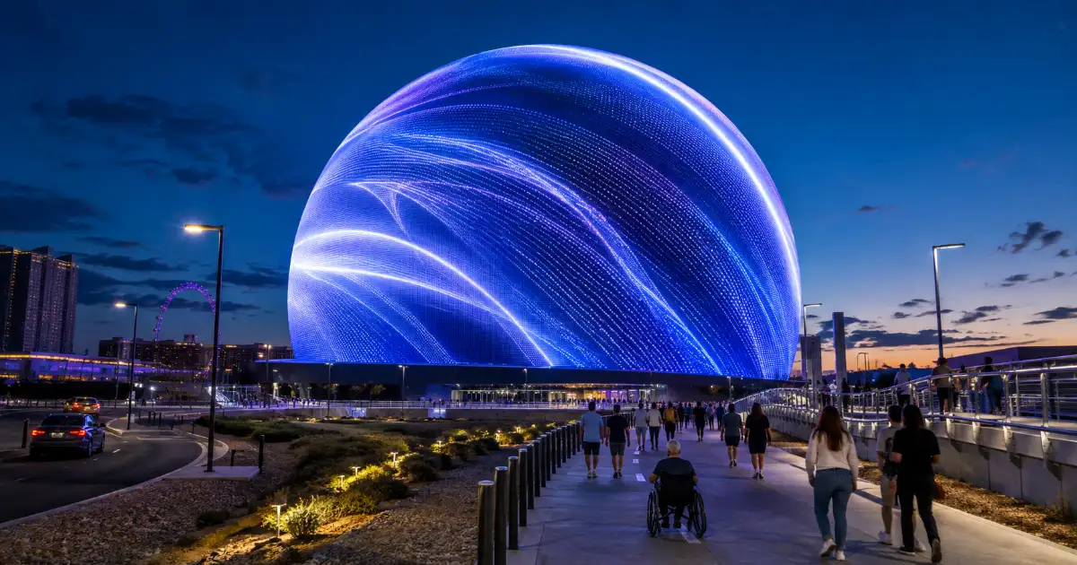 Sphere Las Vegas glows with an abstract Exosphere display beside pedestrian approaches near Sands Avenue.