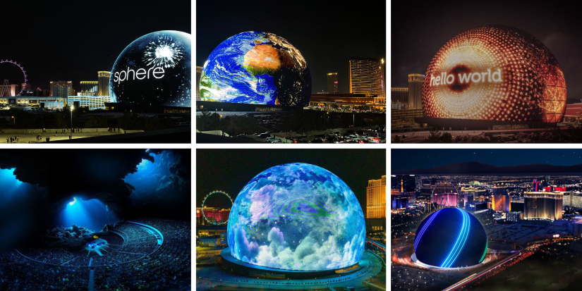 This is 6 pictures in a collage for the sphere las vegas