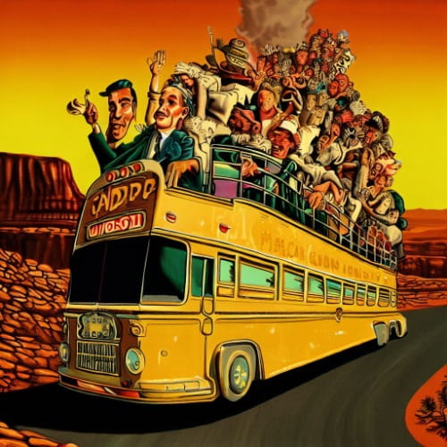 passengers laughing and having fun while riding on an open top bus to the grand canyon