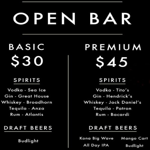 Raised by Wolves RBW Open Bar drink menu