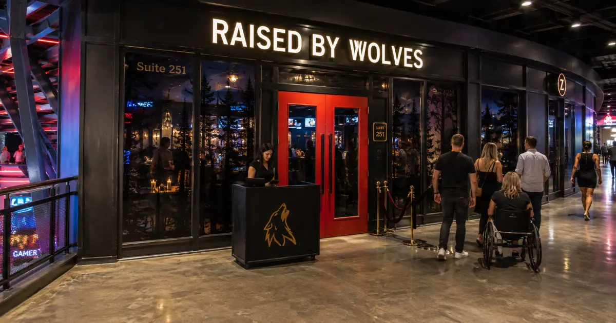 The illuminated Raised by Wolves entrance with red doors on the second floor of Neonopolis in Downtown Las Vegas.