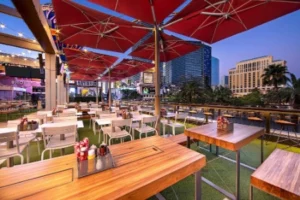 A view of the outside patio at Beer Park in Las Vegas at the Paris Hotel