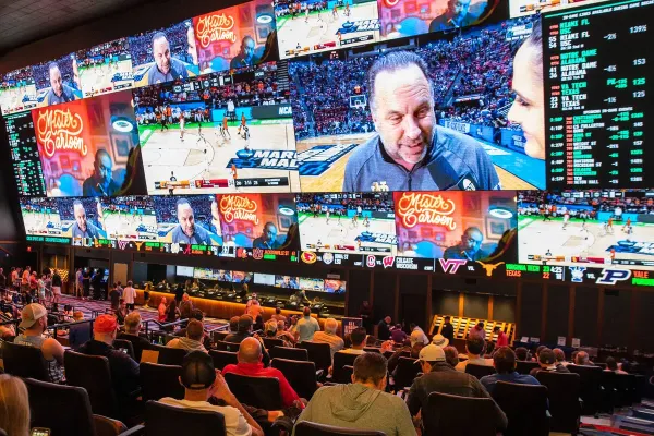 A view of the Circa Sportsbook during a basketball game