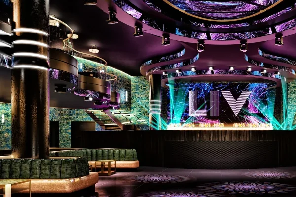 The interior dance floor and lighting at LIV Nightclub in Fontainebleau Las Vegas